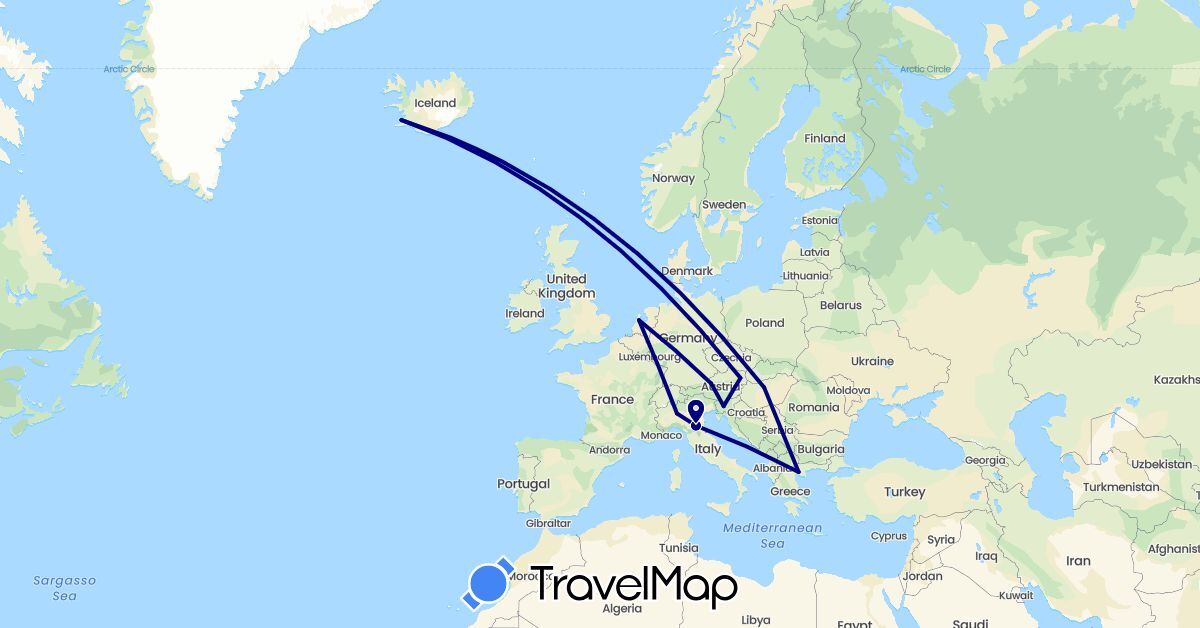 TravelMap itinerary: driving in Austria, Greece, Hungary, Iceland, Italy, Netherlands, Slovenia (Europe)